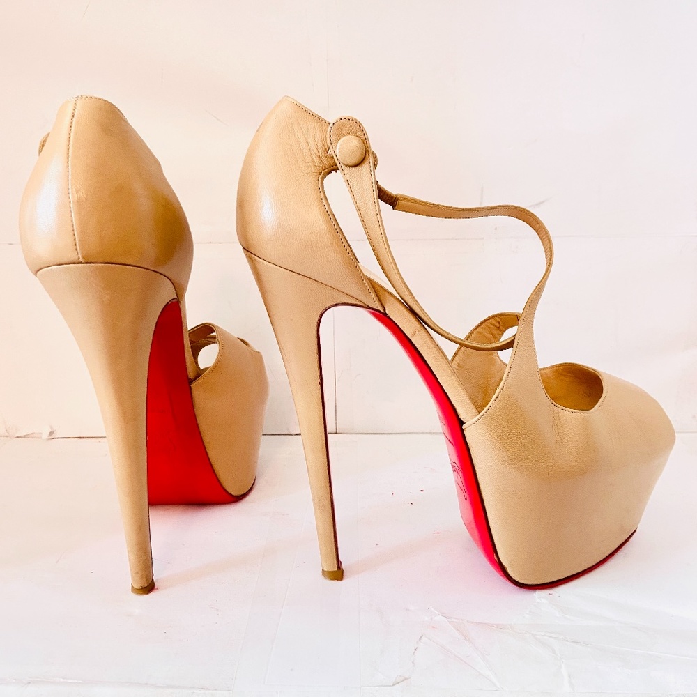 Christian Louboutin Beige Leather Platform Pumps with Red Soles